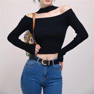 Mock-neck Off Shoulder Plain Cropped Top