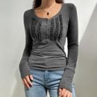 Long-sleeve Ruffled Henley T-shirt