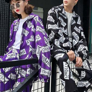 Couple Matching Print Zip Jacket/ Print Wide-leg Pants