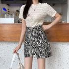 Short-sleeve Shirred Blouse / Zebra Print A-line Skirt