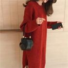 Plain Crewneck Loose-fit Long-sleeve Side-slit Knit Dress