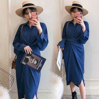 Long-sleeve Knot Front Midi Shirt Dress