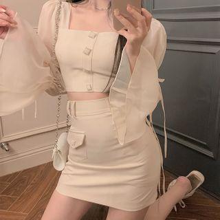 Bell-sleeve Chiffon Crop Top / Fitted Mini Skirt