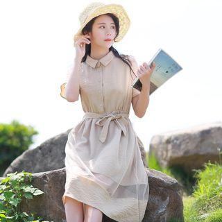 Short-sleeve Mesh Panel Shirtdress With Sash