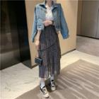 Short-sleeve Plain T-shirt / Cropped Denim Jacket / Dotted Layered Midi Skirt