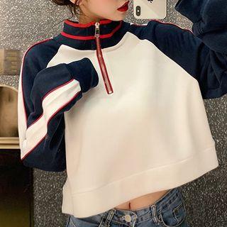 Long-sleeve Color Block Zip Placket T-shirt