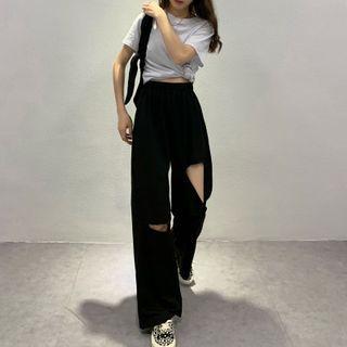 Band-waist Ripped Straight-cut Pants