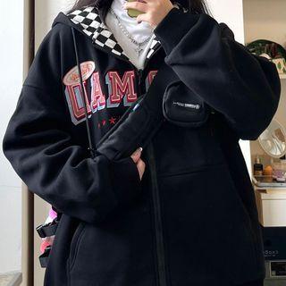 Long-sleeve Letter Print Reversible Hooded Zip Jacket