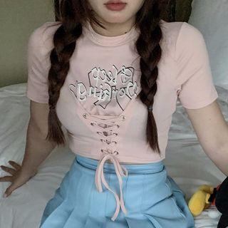 Short-sleeve Print Lace Up Cropped T-shirt Pink - One Size