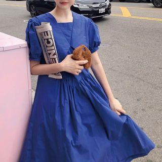 Frill Puff-sleeve Loose-fit Midi Dress Blue - One Size