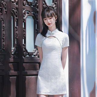 Short-sleeve Cut-out Lace Mini Qipao Dress