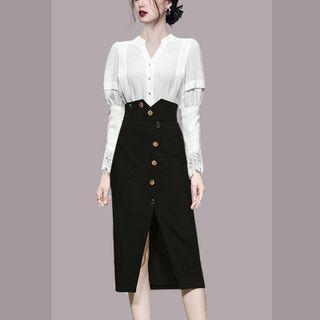 Set: Long-sleeve Lace Trim Blouse + High-waist Midi Pencil Skirt