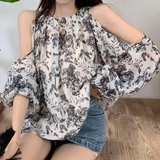 Cold Shoulder Floral Blouse Black Floral - White - One Size