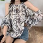 Cold Shoulder Floral Blouse Black Floral - White - One Size