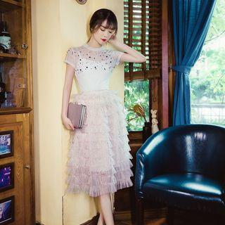 Set: Embellished Short-sleeve Top + Tiered Mesh Skirt