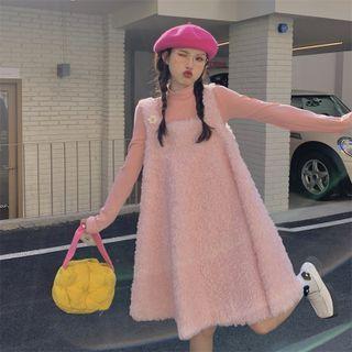 Long-sleeve Turtleneck Top / Fluffy Overall Dress