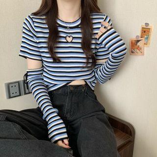 Set: Short-sleeve Striped Heart Cut Out T-shirt + Arm Sleeves