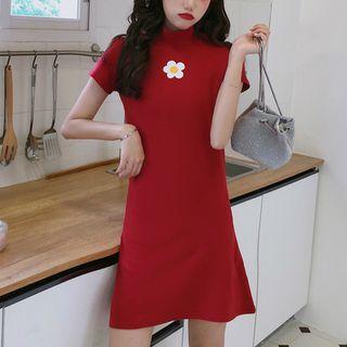 Mock-neck Flower Print Short-sleeve A-line Dress As Shown In Figure - One Size