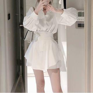 Set: Balloon-sleeve Blouse + Shorts