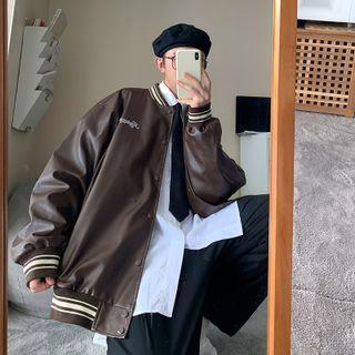 Faux Leather Letter Embroidered Baseball Jacket