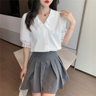 Elbow-sleeve Collared Lace Trim Blouse