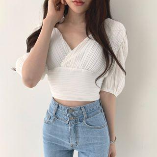 Open-back Puff-sleeve Cropped Chiffon Blouse