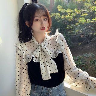 Long-sleeve Tie-neck Dotted Ruffled Blouse