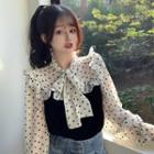 Long-sleeve Tie-neck Dotted Ruffled Blouse
