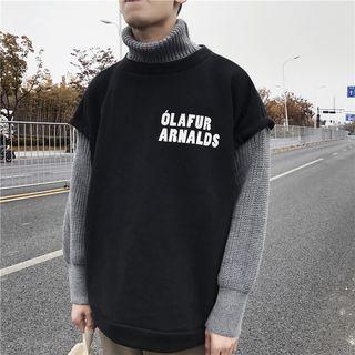 Mock Two Piece Mock Neck Letter Printed Knit Top
