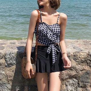 Set: Checker Ruffled Bikini Top + Swim Skirt