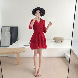 Layered 3/4 Sleeve V-neck Dress