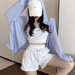 Plain Zip-up Hoodie / Cropped Camisole Top / Sweatshorts / Set