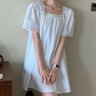 Short-sleeve Square-neck Lace Trim A-line Dress White - One Size