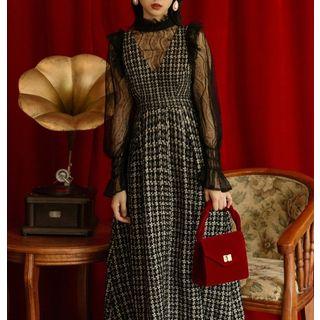 Ruffled Long-sleeve Lace Top / Tweed Midi Pinafore Dress