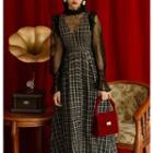Ruffled Long-sleeve Lace Top / Tweed Midi Pinafore Dress