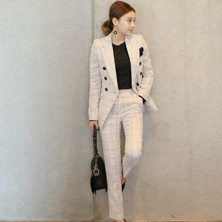 Set: Checked Double-breasted Blazer + Cropped Straight-fit Pants