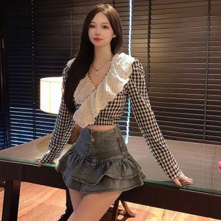 Plaid Blouse / Denim A-line Skirt