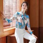 Printed Bow Accent Blouse / Boot-cut Pants / Set