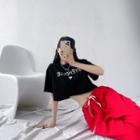 Elbow-sleeve Lettering Print Cropped T-shirt / Sweatpants