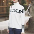 Turtleneck Letter Striped Panel Sweater White - One Size