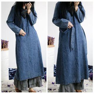 V-neck Denim Long-sleeve A-line Midi Dress