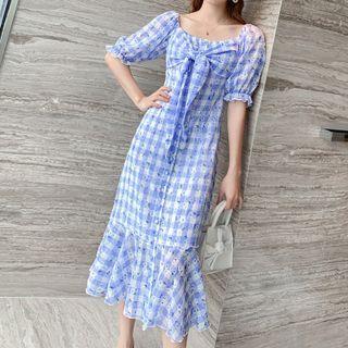 Short-sleeve Floral Print Check Tie-front Midi Mermaid Dress