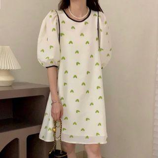 Puff-sleeve Heart Print Smock Dress