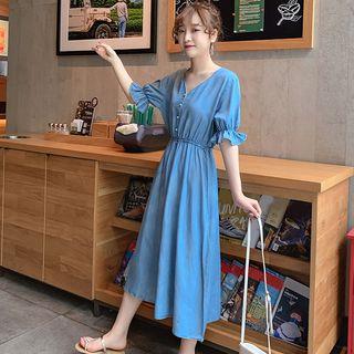 V-neck Elbow-sleeve Midi A-line Dress Blue - One Size