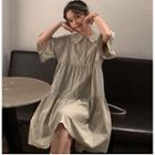 Elbow-sleeve Frill Trim Buttoned A-line Dress