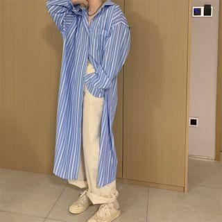 Long-sleeve Striped Midi Shirt Dress Stripe - Blue - One Size