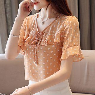 Dotted Short-sleeve V-neck Chiffon Blouse