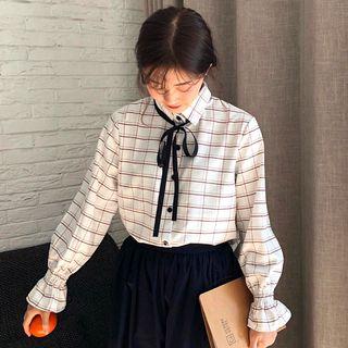 Flared-cuff Plaid Blouse