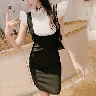 Set: Ruffle Mock-neck Sleeveless Blouse + Suspender Skirt