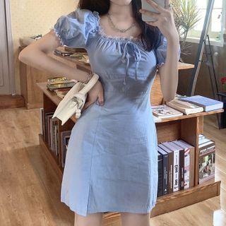 Puff-sleeve Mesh Ruffle A-line Dress